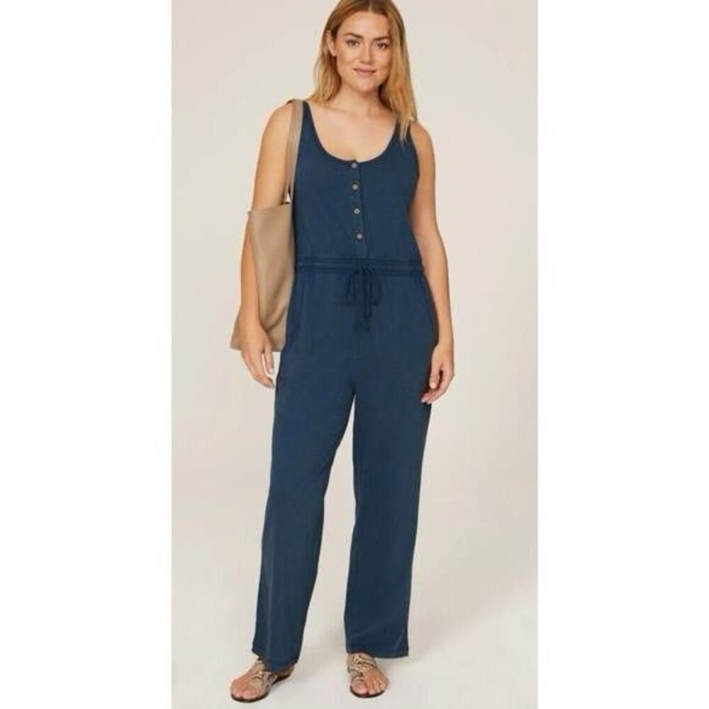 Faherty Terra Blue Organic Cotton Jumpsuit Scoop Neck Boho Casual Beach Travel